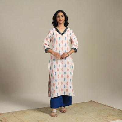 Beige Cotton Straight Pochampally Ikat Kurta