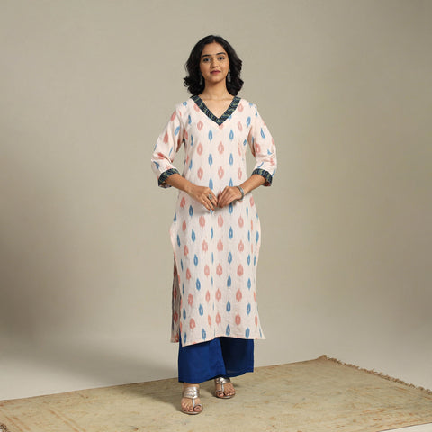 Beige Cotton Straight Pochampally Ikat Kurta