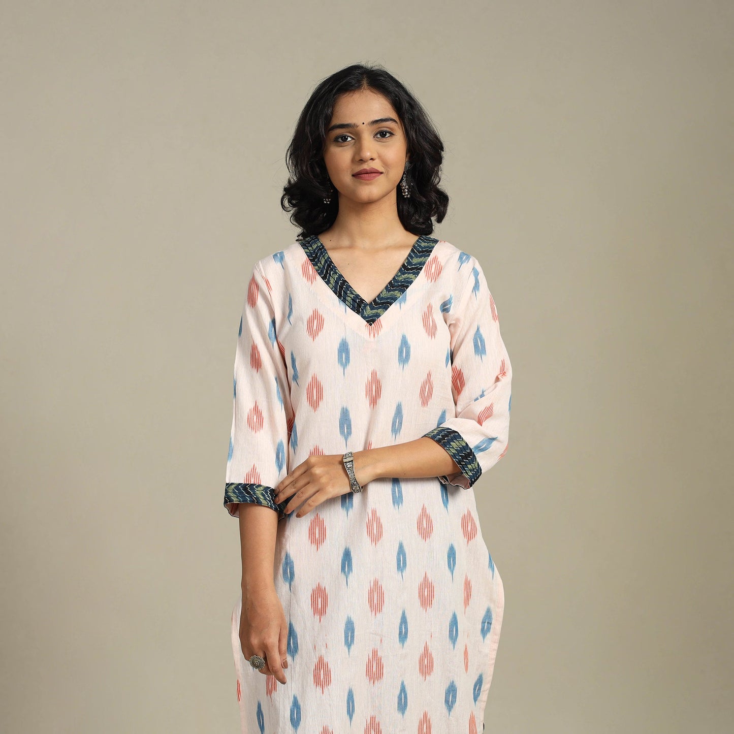 Beige Cotton Straight Pochampally Ikat Kurta