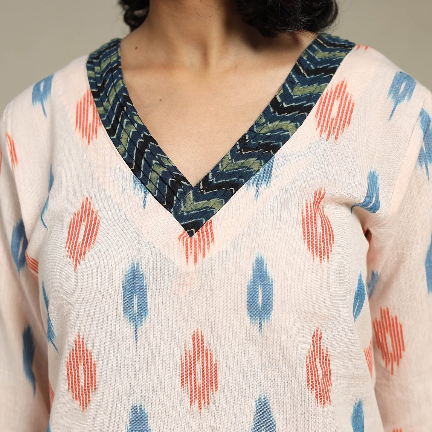Beige Cotton Straight Pochampally Ikat Kurta