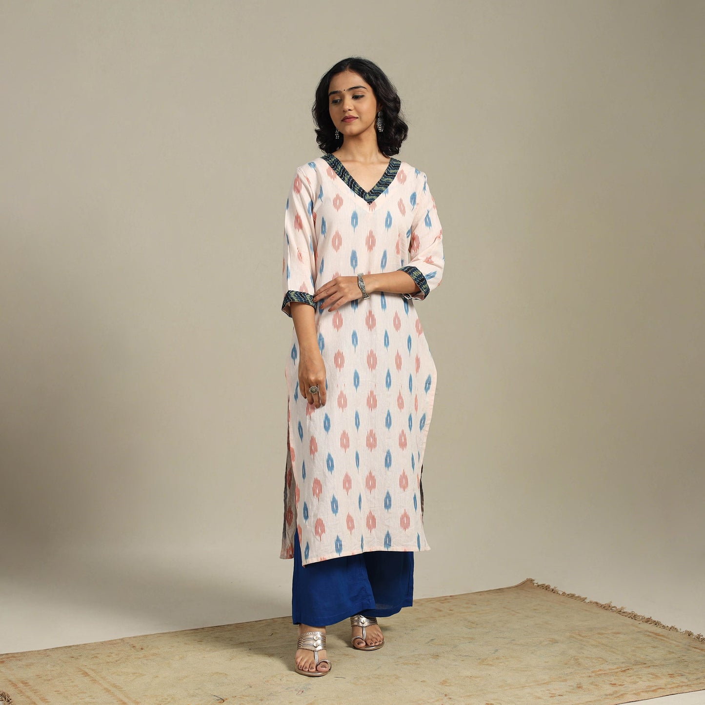 Beige Cotton Straight Pochampally Ikat Kurta