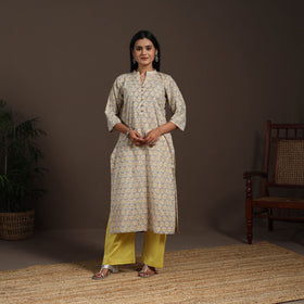 Beige - cotton straight sanganeri kurta 09 - handcrafted