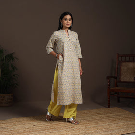 Beige - cotton straight sanganeri kurta 09 - handcrafted