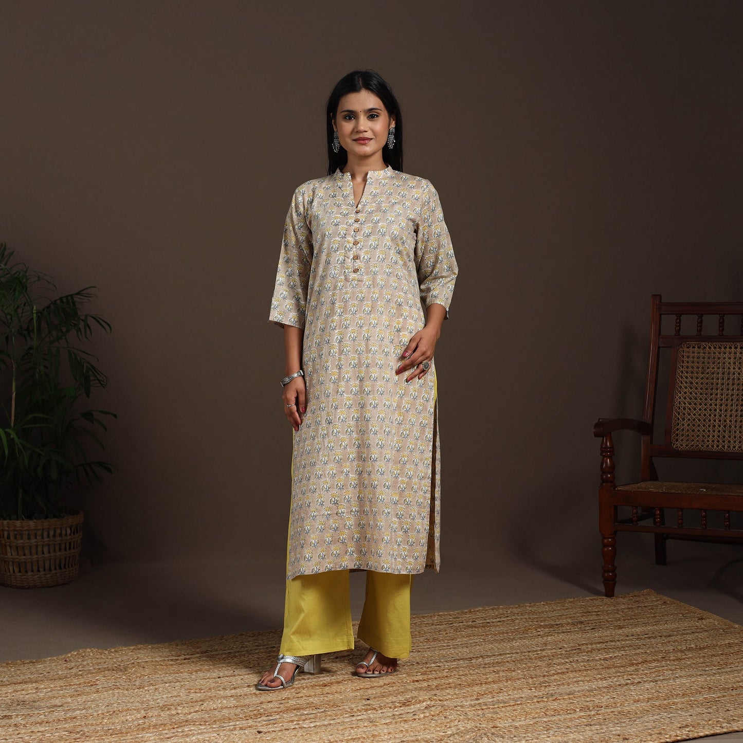 Beige - cotton straight sanganeri kurta 09 - handcrafted