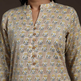 Beige - cotton straight sanganeri kurta 09 - handcrafted