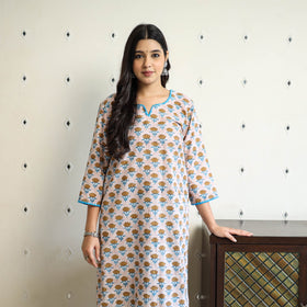 Beige Block Print Cotton Straight Sanganeri Kurta for Women