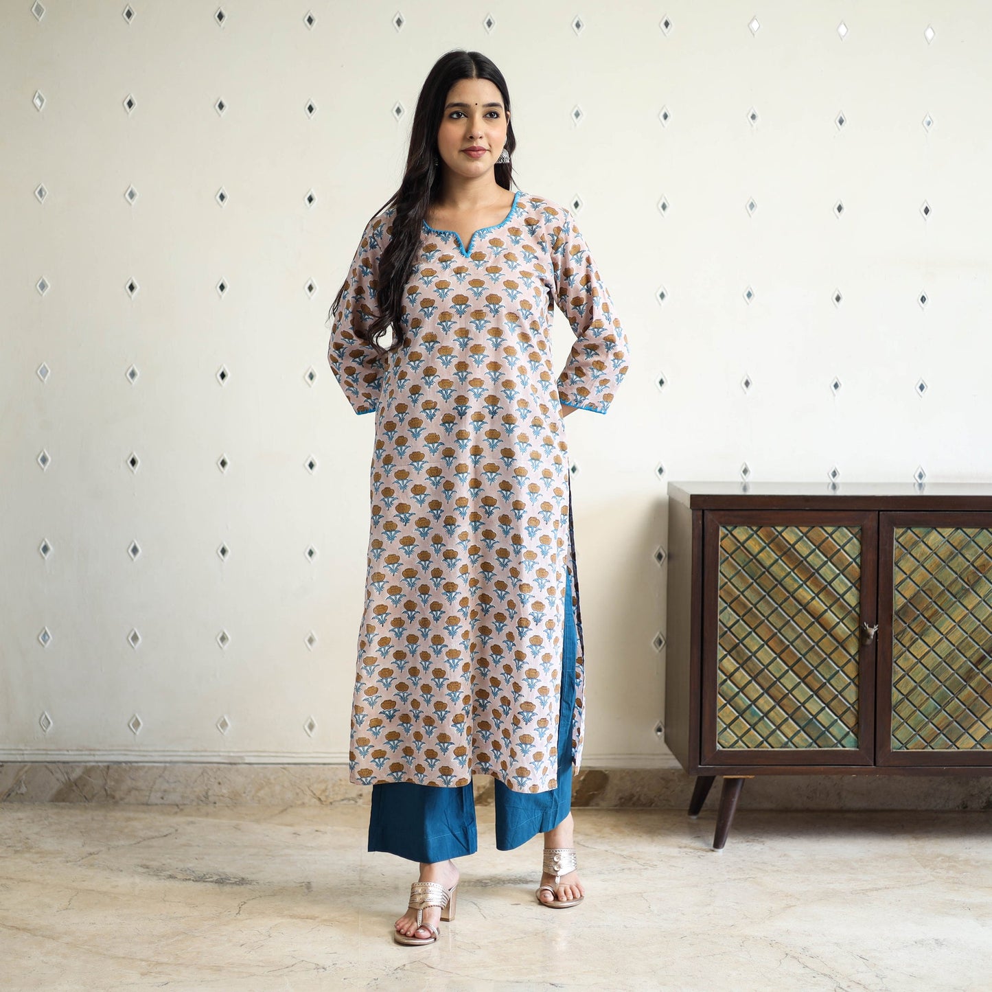 Beige Block Print Cotton Straight Sanganeri Kurta for Women