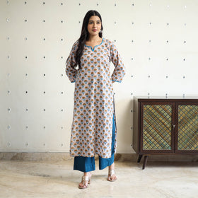 Beige Block Print Cotton Straight Sanganeri Kurta for Women