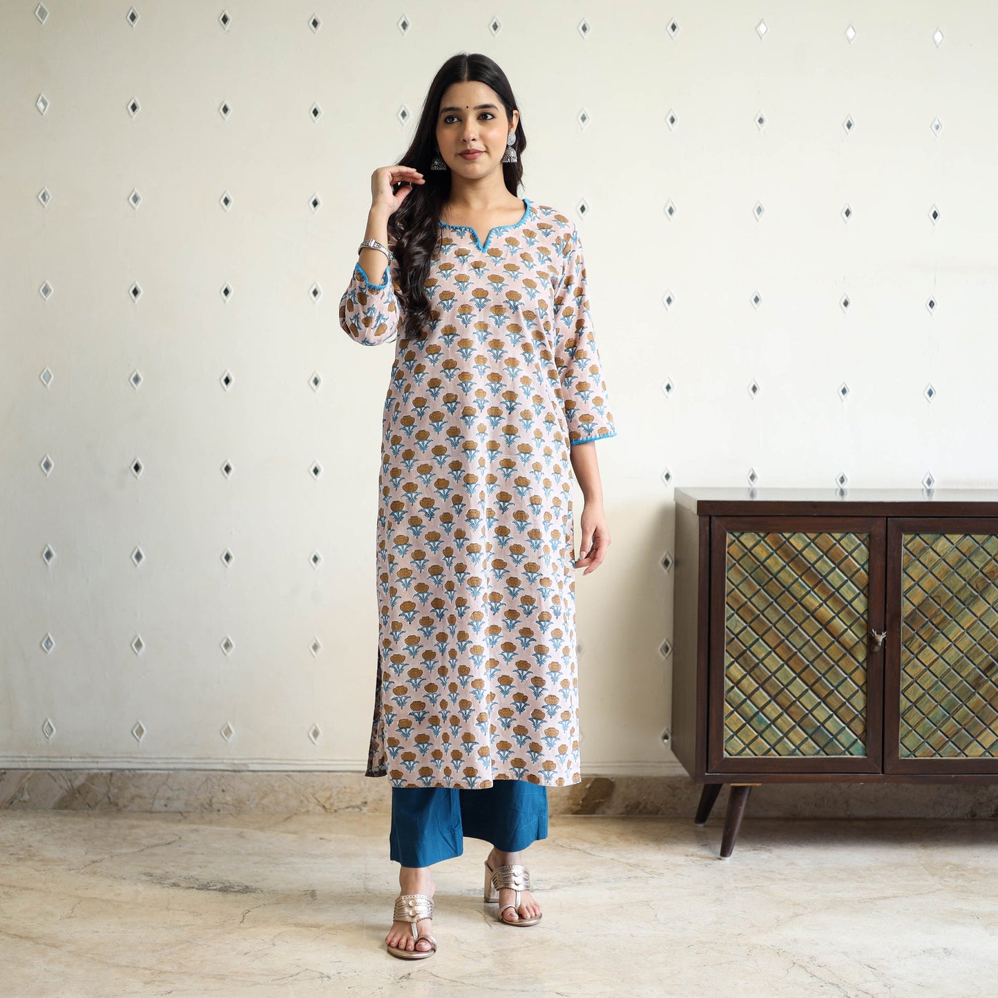 Beige Block Print Cotton Straight Sanganeri Kurta for Women