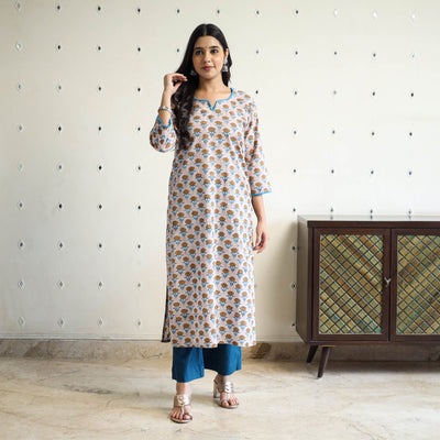 Beige Block Print Cotton Straight Sanganeri Kurta for Women