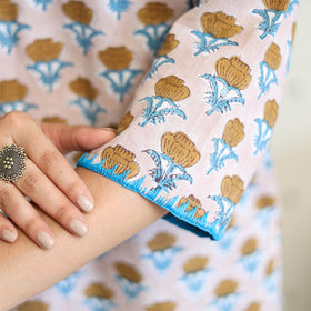 Beige Block Print Cotton Straight Sanganeri Kurta for Women