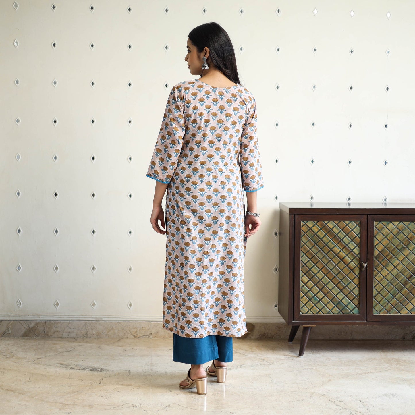 Beige Block Print Cotton Straight Sanganeri Kurta for Women