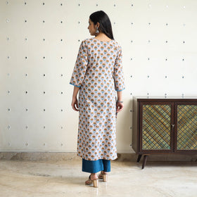 Beige Block Print Cotton Straight Sanganeri Kurta for Women