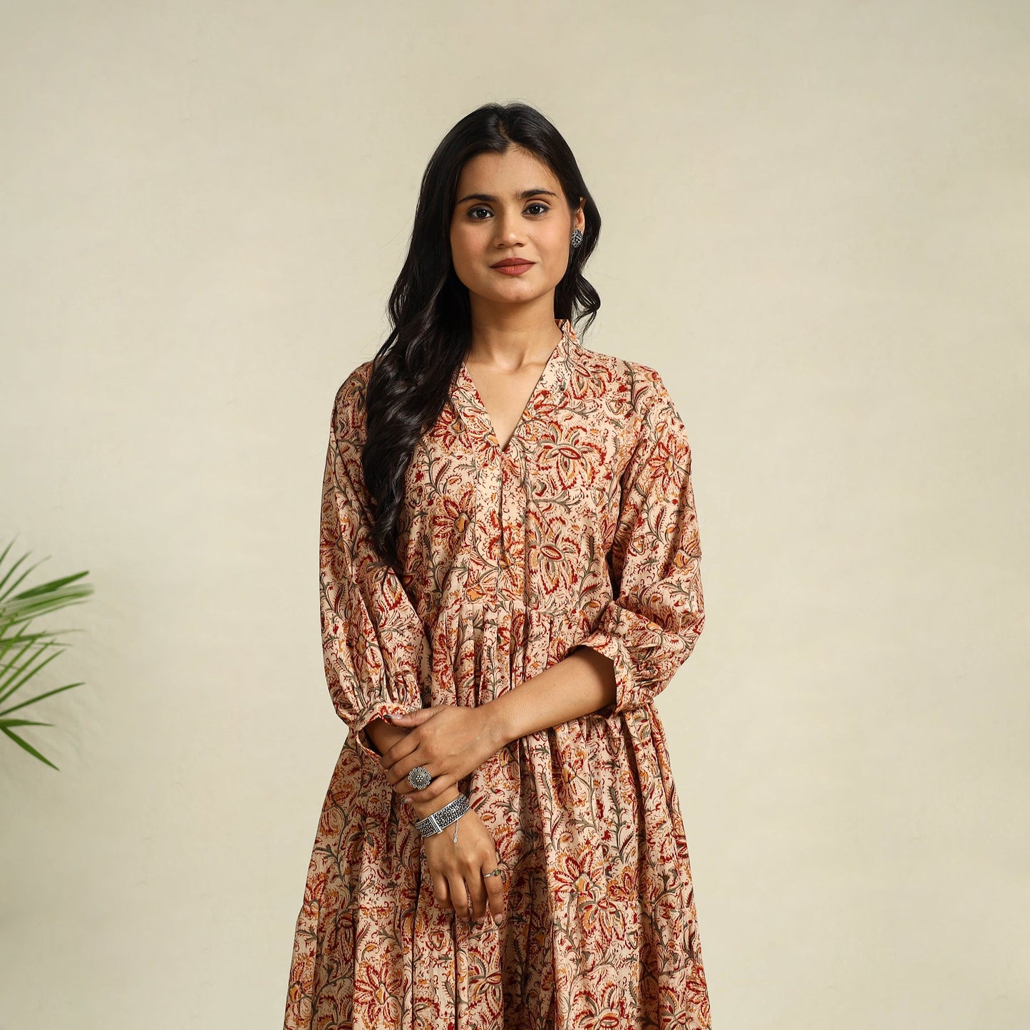 Beige Block Print Cotton Tiered Kalamkari Dress