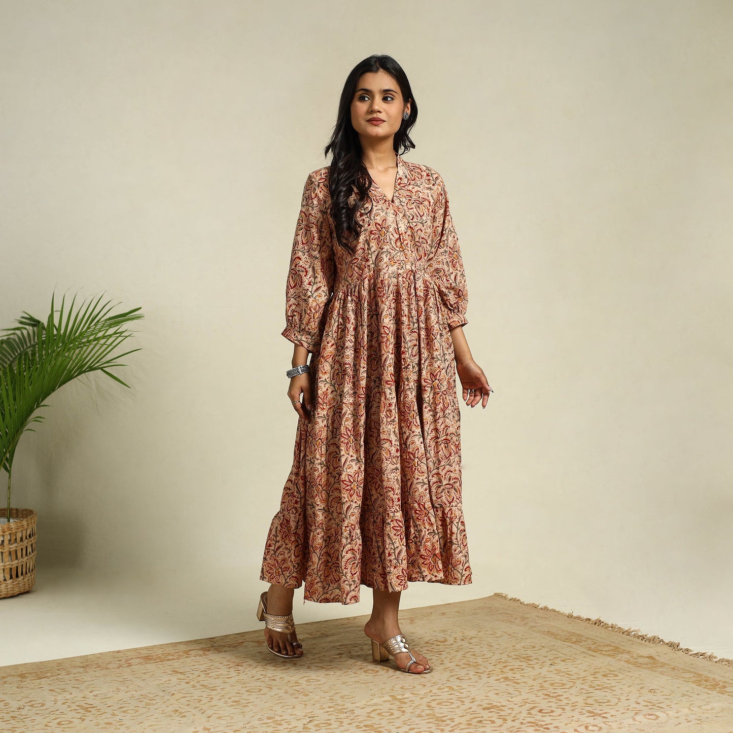 Beige Block Print Cotton Tiered Kalamkari Dress