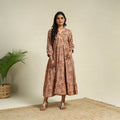Beige Block Print Cotton Tiered Kalamkari Dress