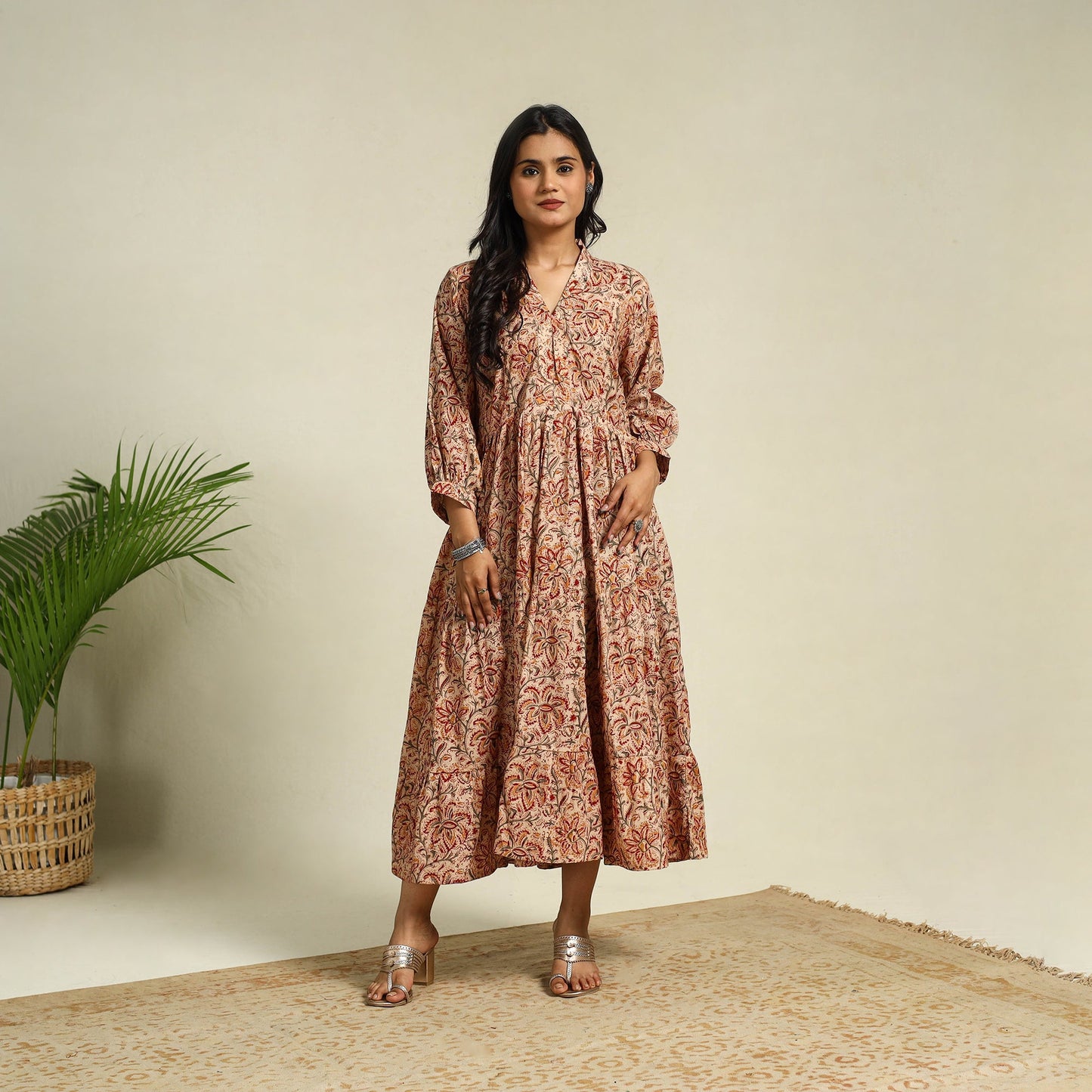 Beige Block Print Cotton Tiered Kalamkari Dress