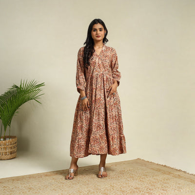 Beige Block Print Cotton Tiered Kalamkari Dress