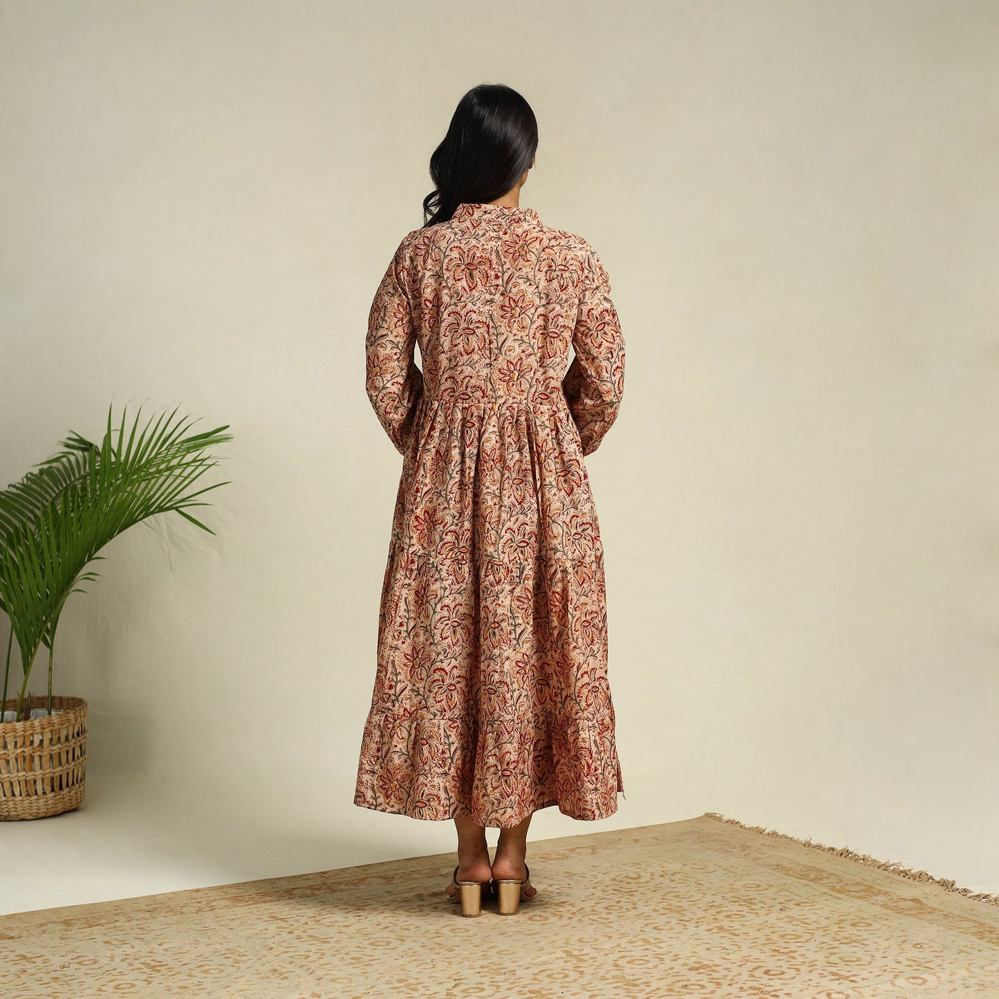 Beige Block Print Cotton Tiered Kalamkari Dress