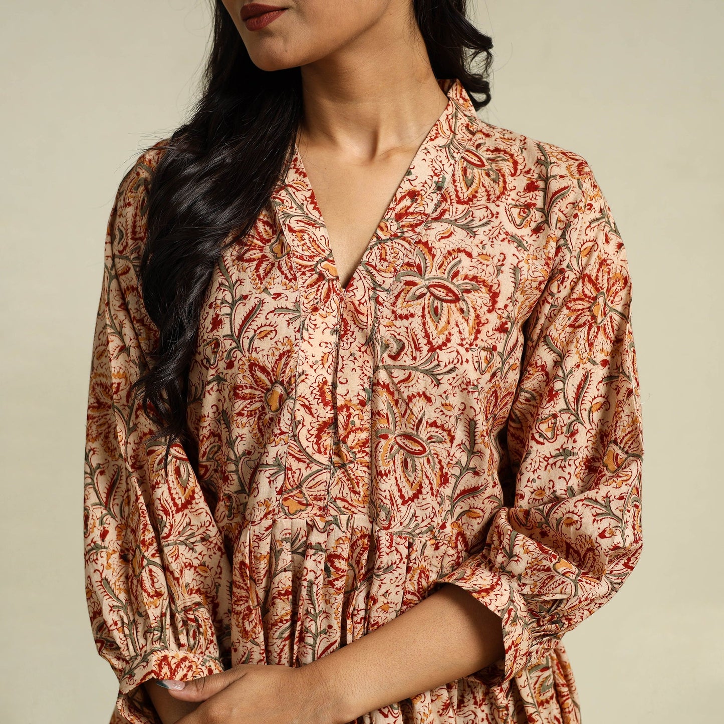 Beige Block Print Cotton Tiered Kalamkari Dress