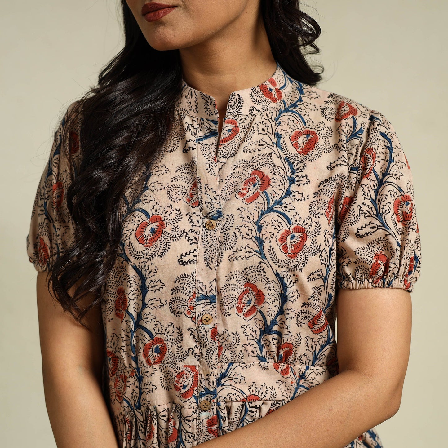 Beige - cotton tiered kalamkari dress 09 - handcrafted