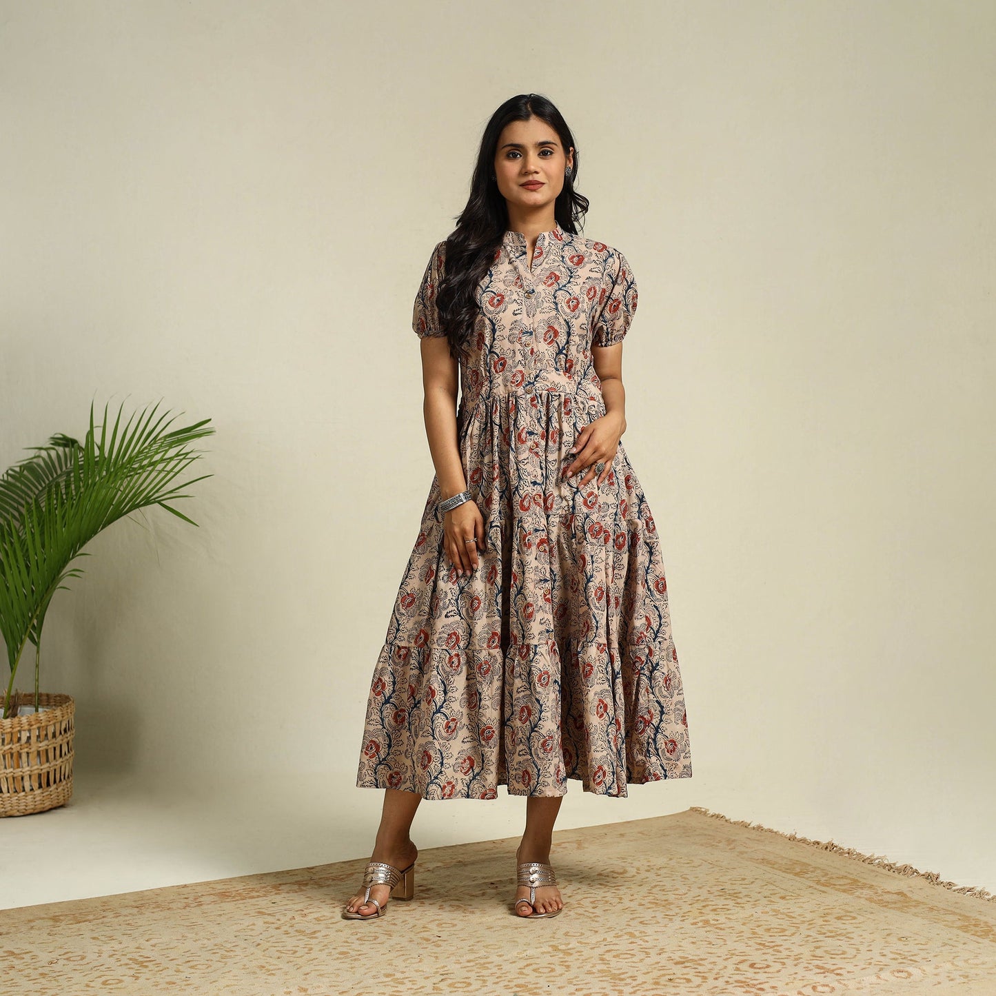 Beige - cotton tiered kalamkari dress 09 - handcrafted