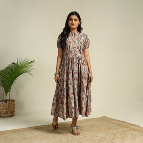 Beige - cotton tiered kalamkari dress 09 - handcrafted