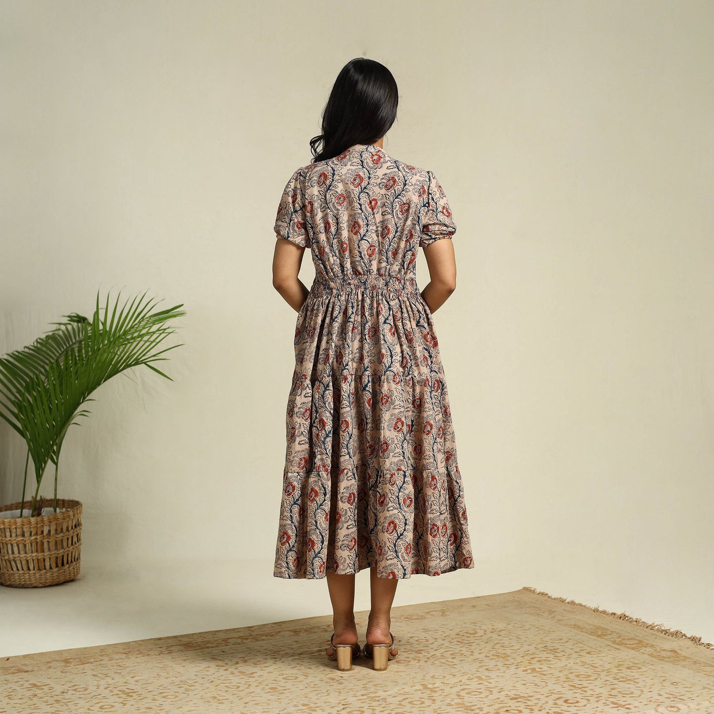 Beige - cotton tiered kalamkari dress 09 - handcrafted