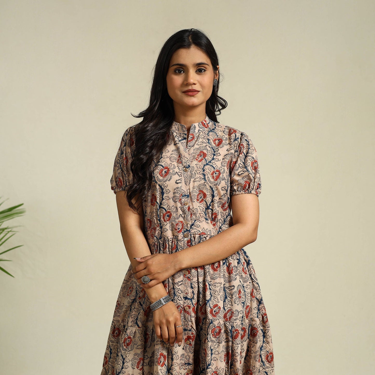 Beige - cotton tiered kalamkari dress 09 - handcrafted