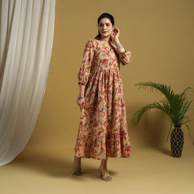  Beige Block Print Cotton Tiered Sanganeri Dress 