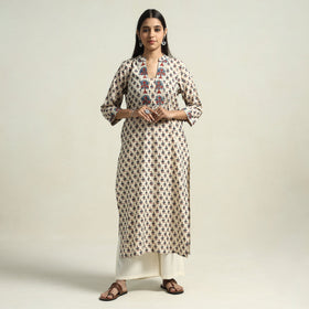 Beige - Cream - Ajrakh Block Printed Cotton Straight Kurta with Patch