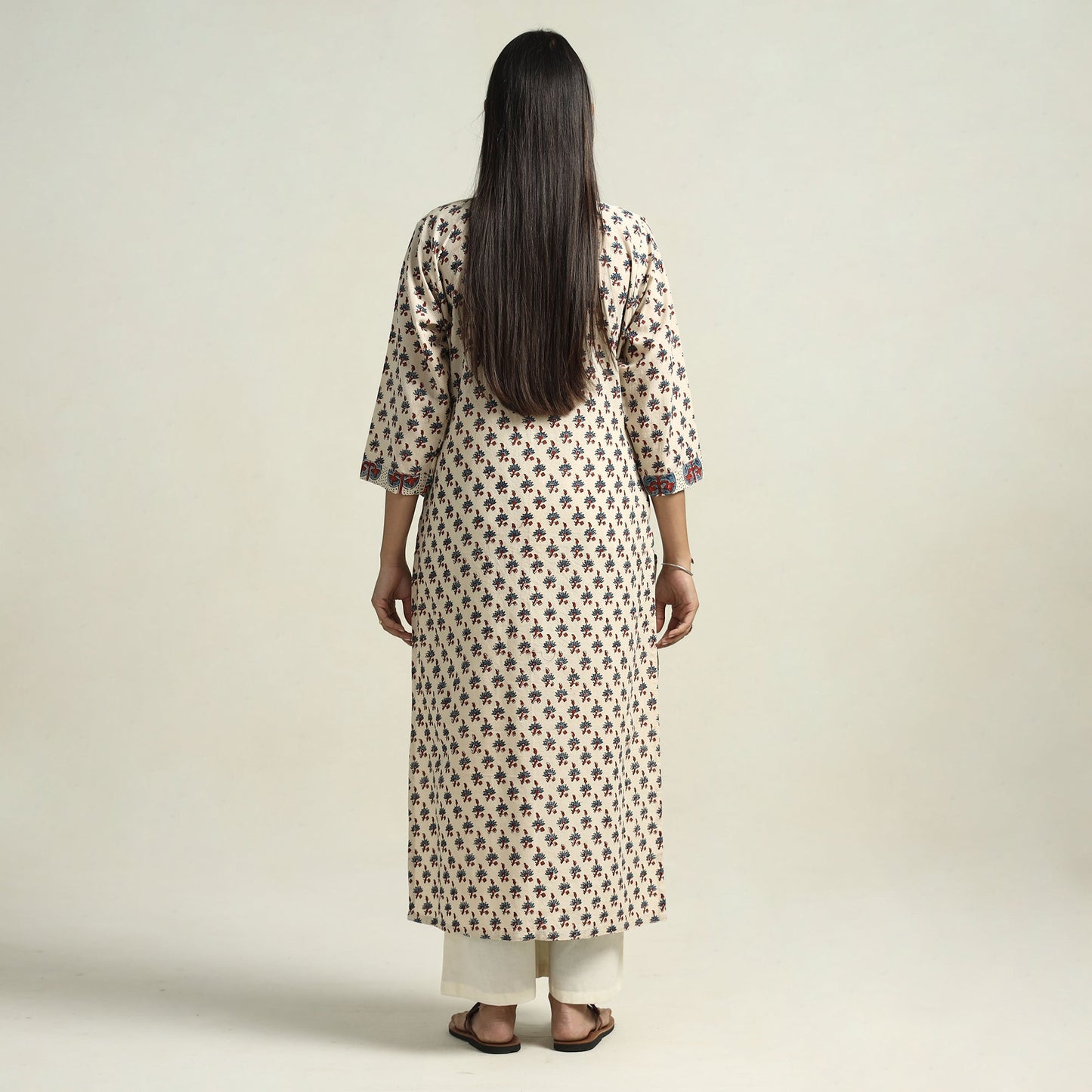 Beige - Cream - Ajrakh Block Printed Cotton Straight Kurta with Patch