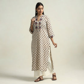 Beige - Cream - Ajrakh Block Printed Cotton Straight Kurta with Patch