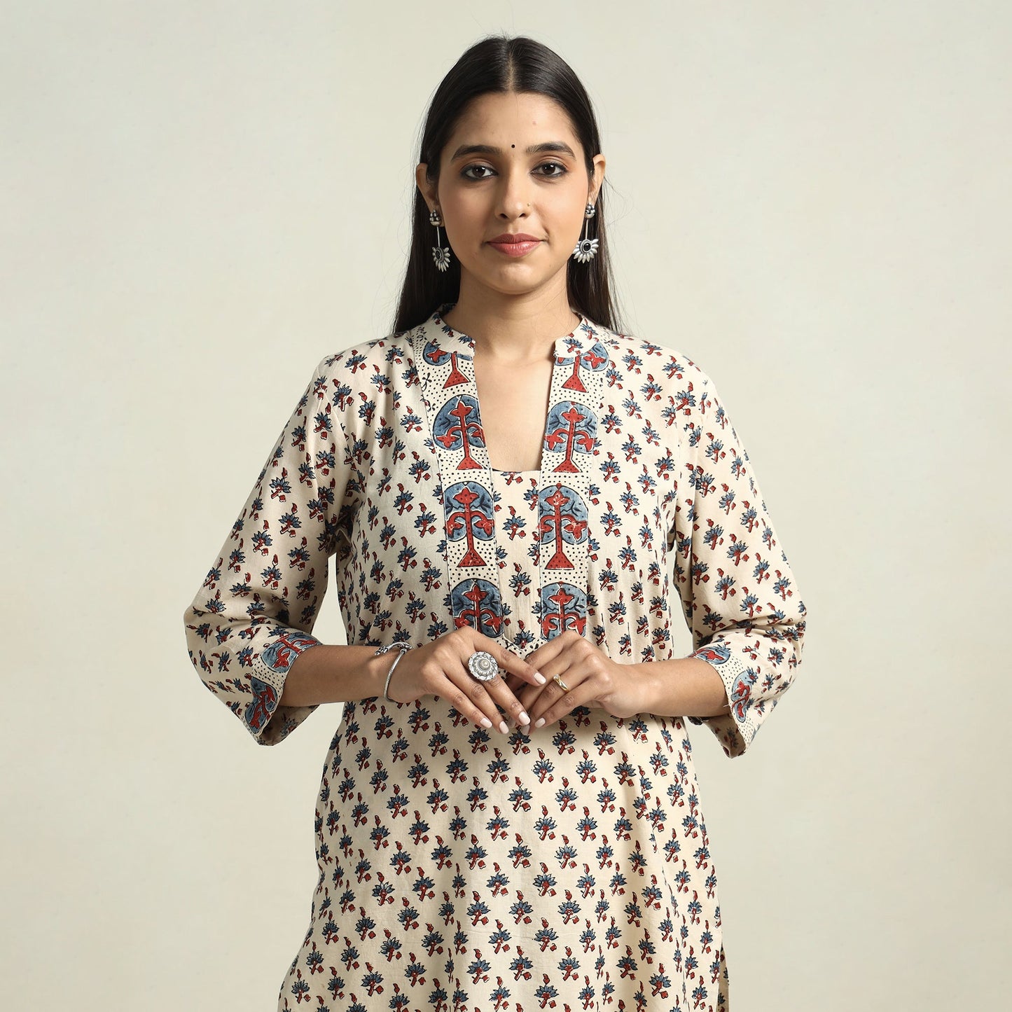 Beige - Cream - Ajrakh Block Printed Cotton Straight Kurta with Patch