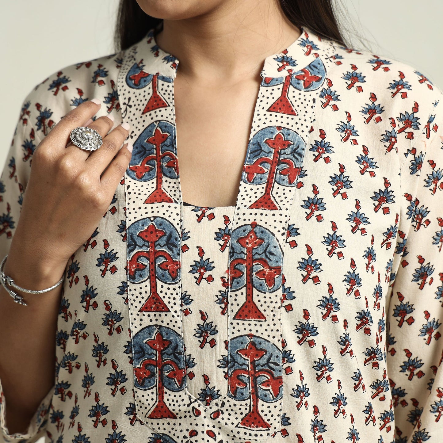Beige - Cream - Ajrakh Block Printed Cotton Straight Kurta with Patch