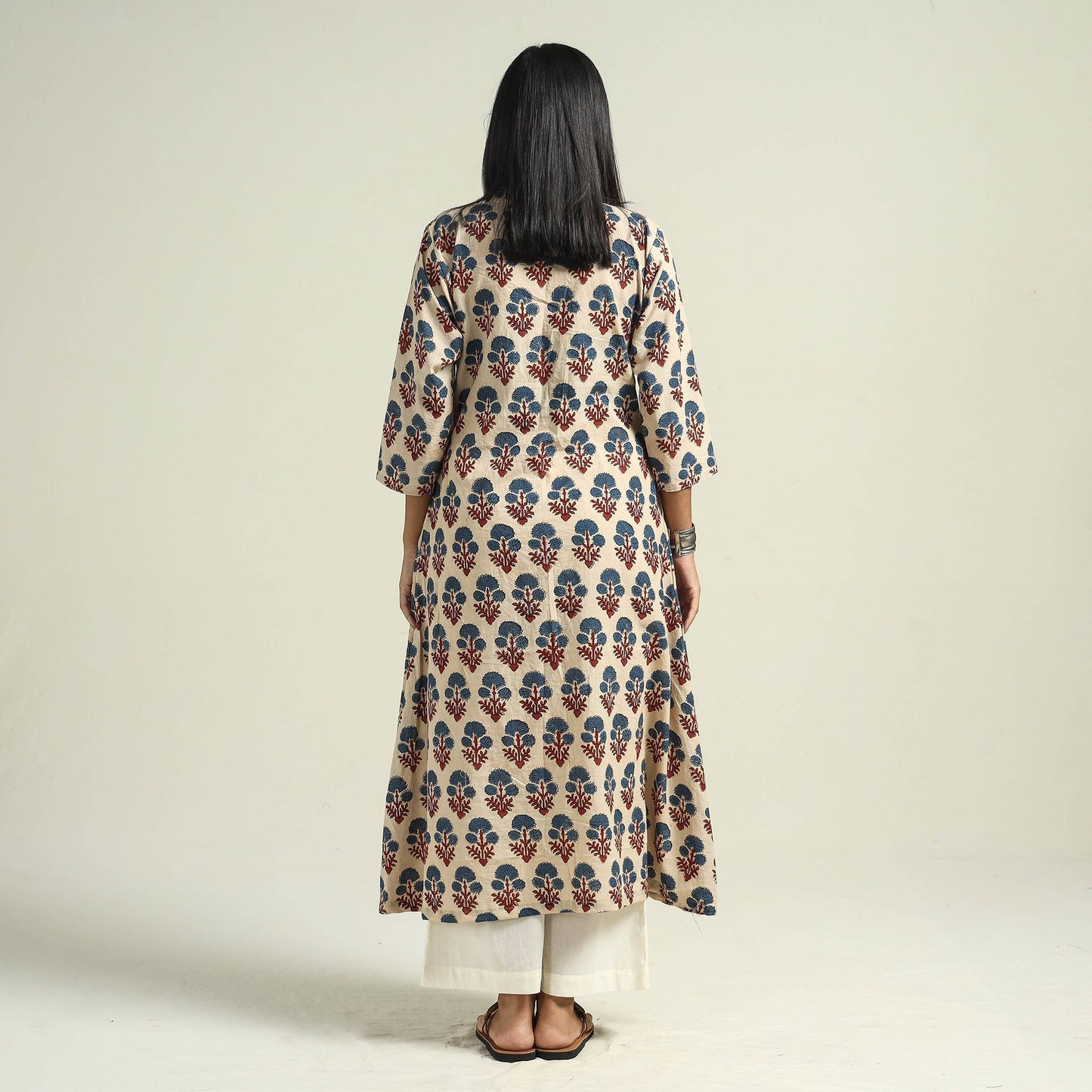 Cream - with Flower Ajrakh Hand Block Printed Cotton Kurta