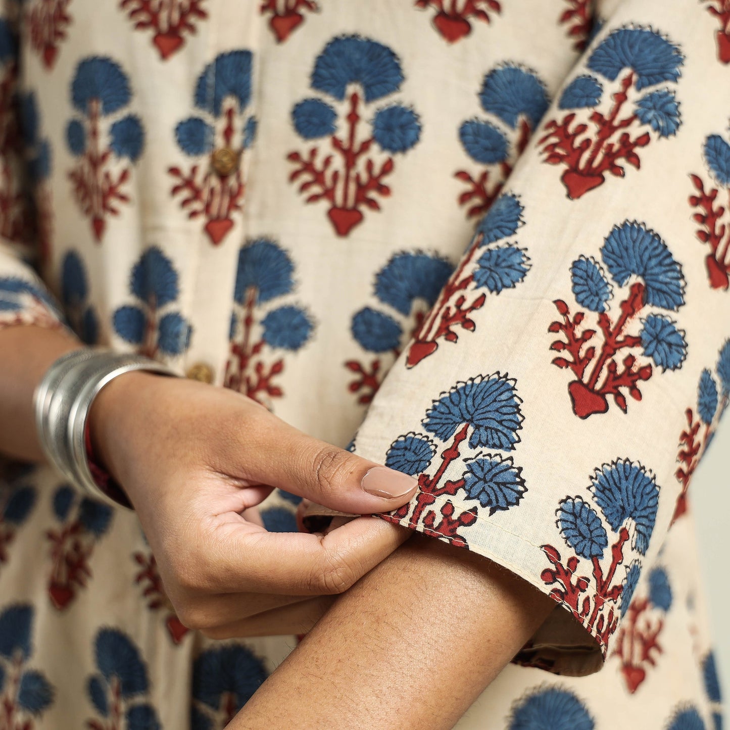Cream - with Flower Ajrakh Hand Block Printed Cotton Kurta