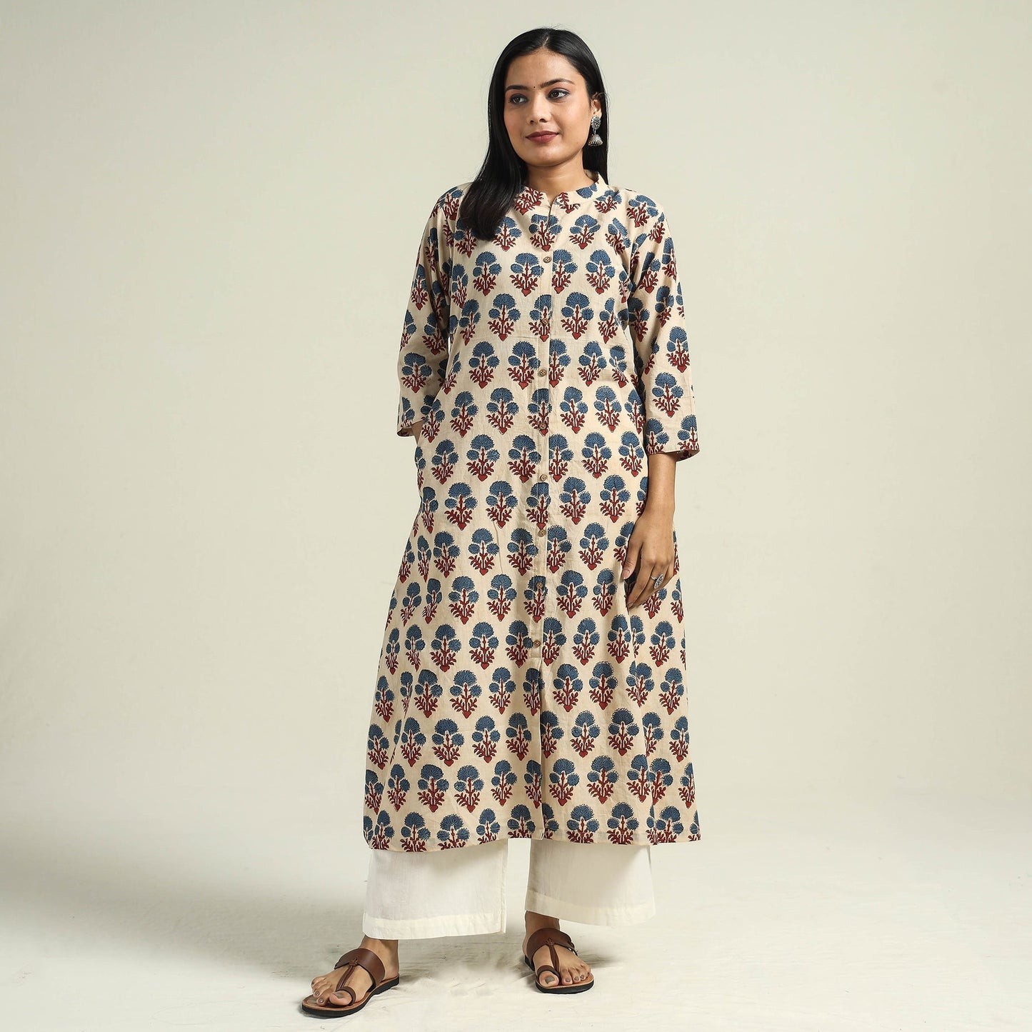 Cream - with Flower Ajrakh Hand Block Printed Cotton Kurta