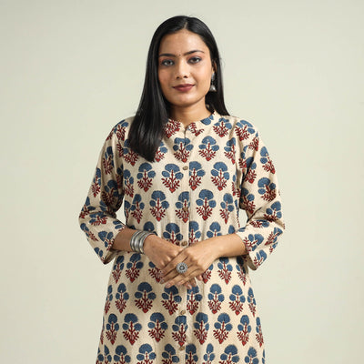 Cream - with Flower Ajrakh Hand Block Printed Cotton Kurta