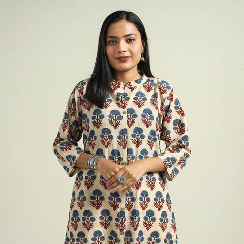 Cream - with Flower Ajrakh Hand Block Printed Cotton Kurta