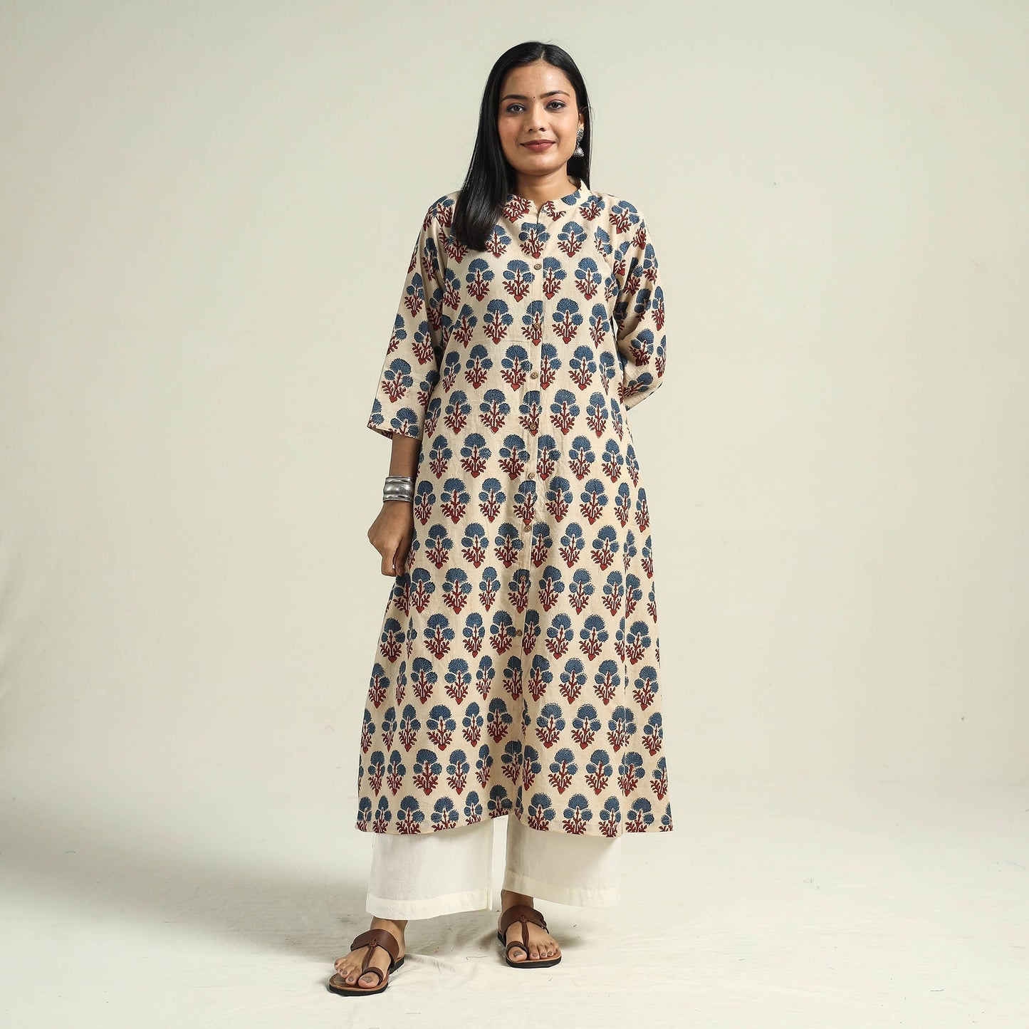 Cream - with Flower Ajrakh Hand Block Printed Cotton Kurta