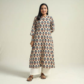 Cream - with Flower Ajrakh Hand Block Printed Cotton Kurta