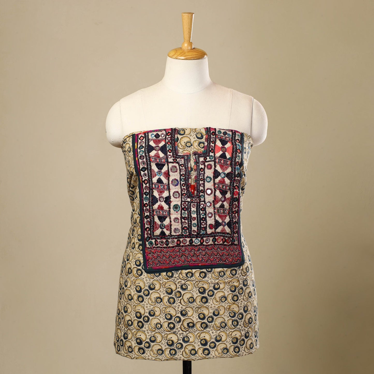  Beige Desert Thread Embroidery Kalamkari Kurta Material