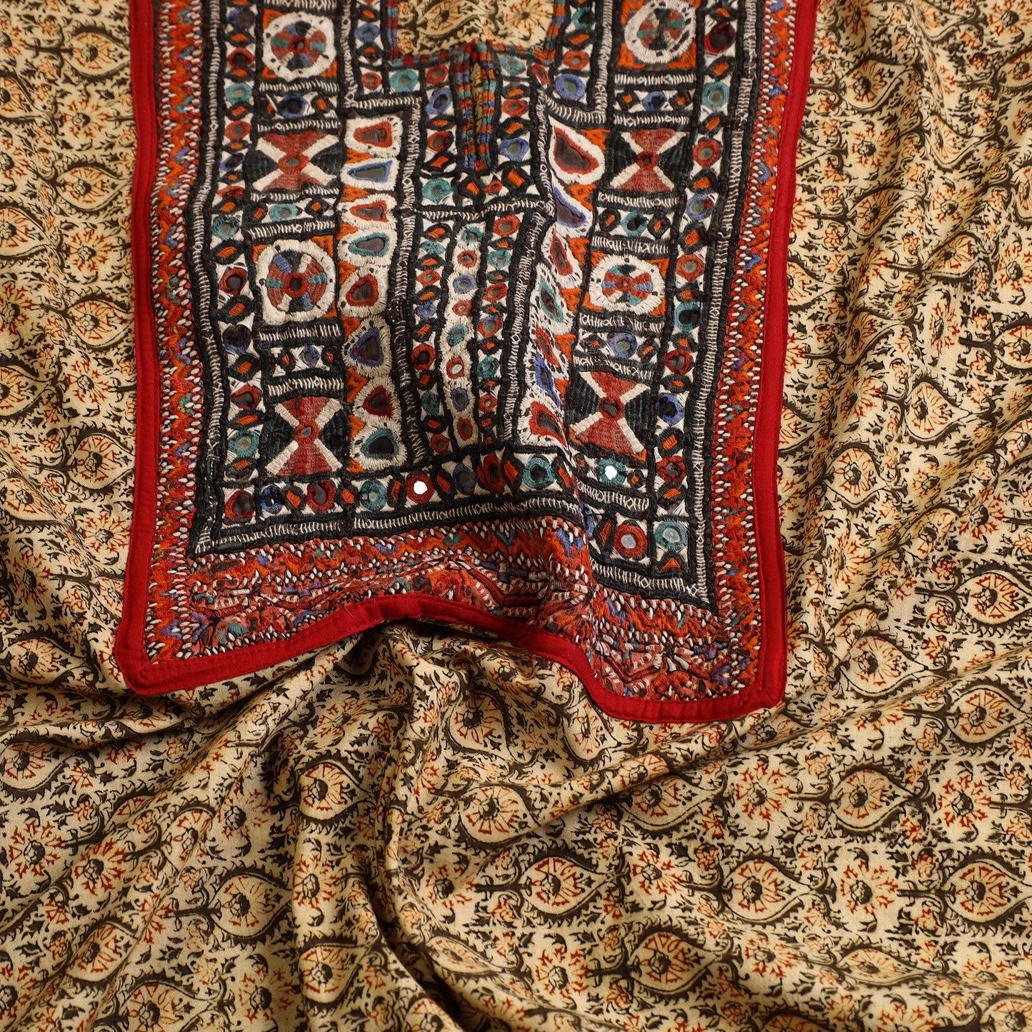  Beige Desert Thread Embroidery Kalamkari Kurta Material