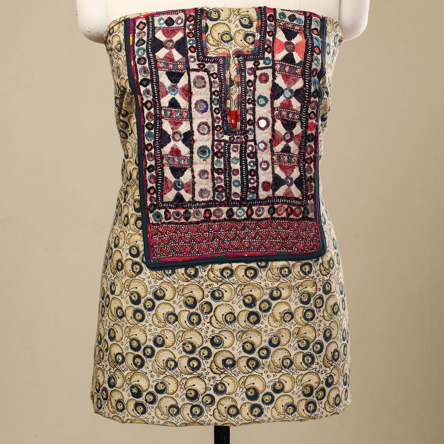  Beige Desert Thread Embroidery Kalamkari Kurta Material
