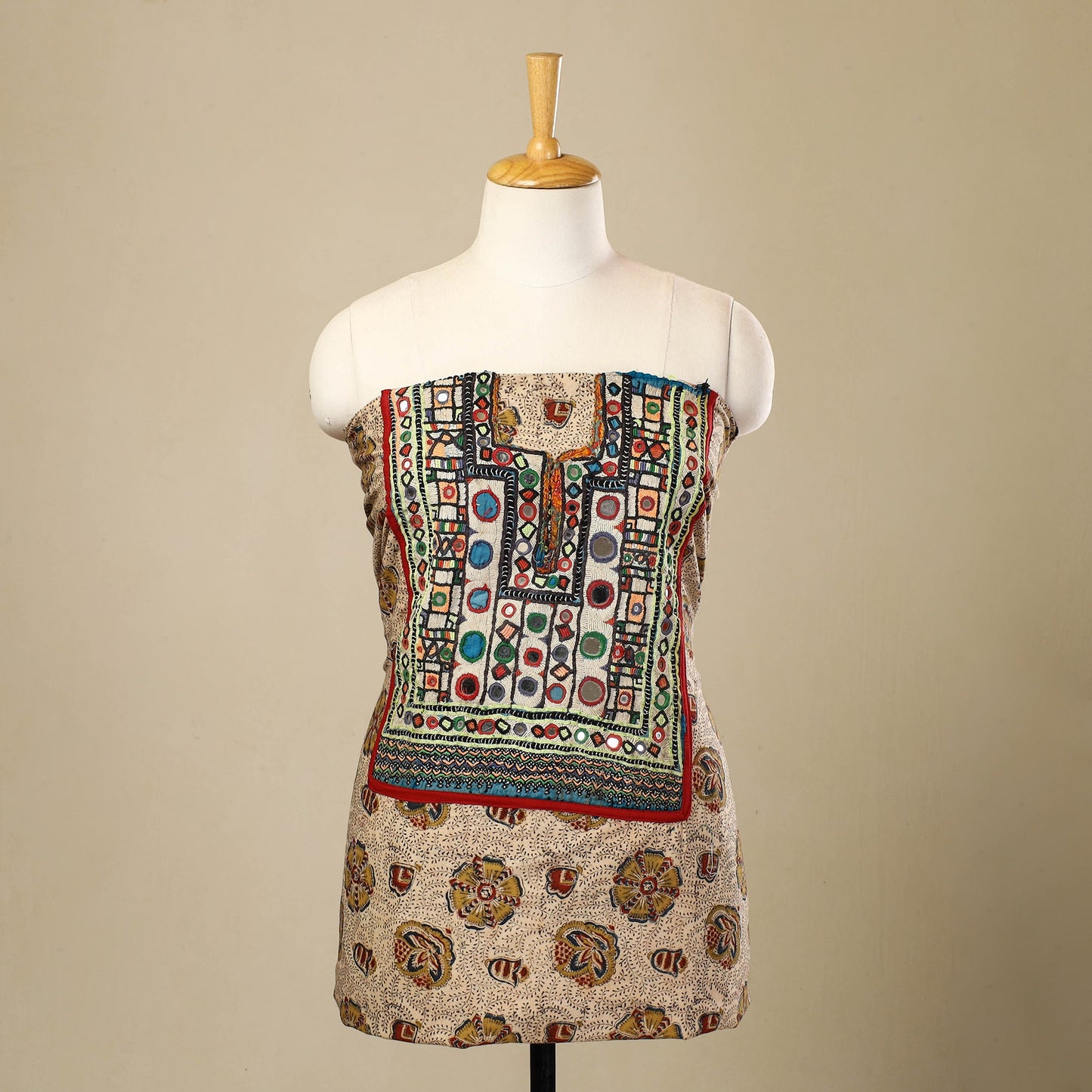 Buy Beige Desert Thread Embroidery Kalamkari Kurta Material