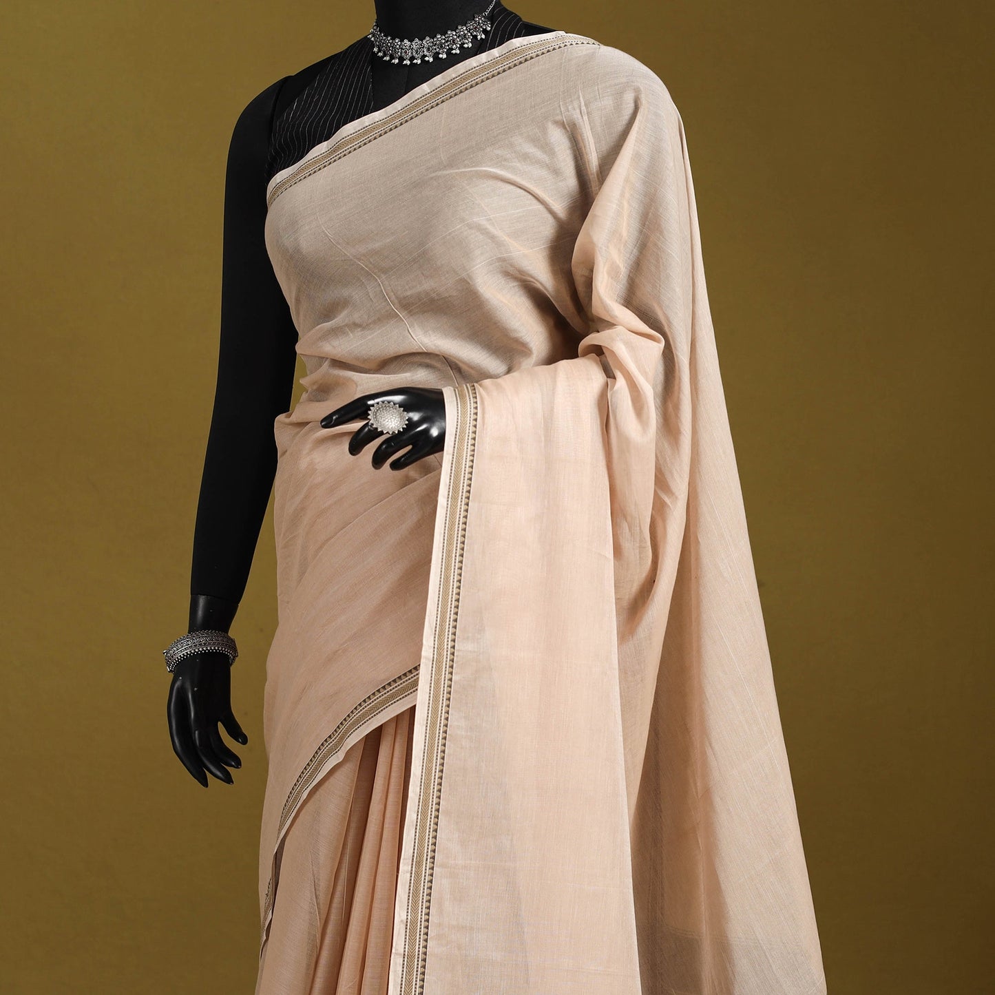 Beige - dharwad cotton saree with border 20 - handcrafted