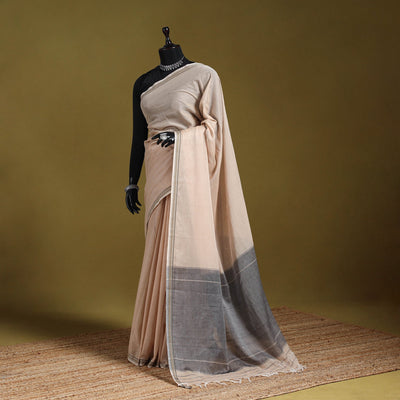 Beige - dharwad cotton saree with border 20 - handcrafted