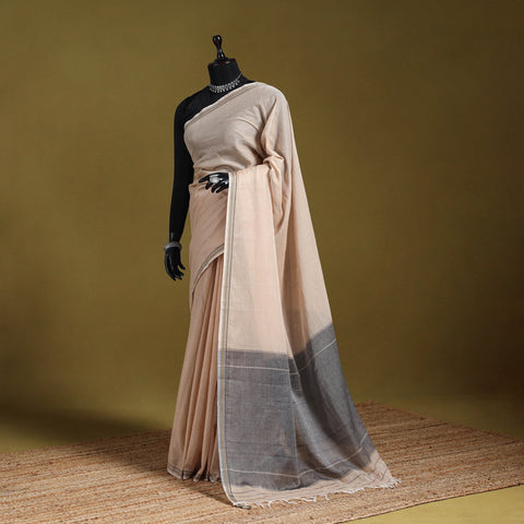 Beige - dharwad cotton saree with border 20 - handcrafted