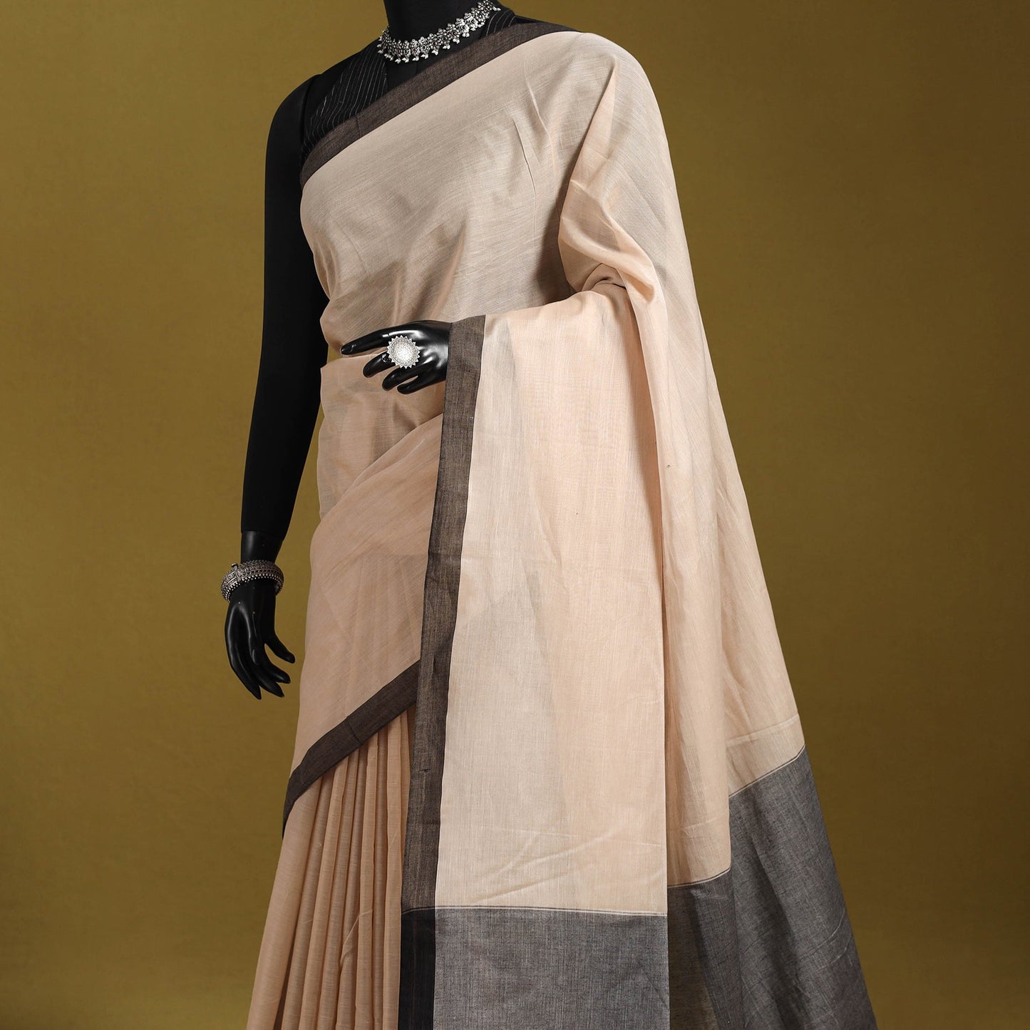 Beige - dharwad cotton saree with border 35 - handcrafted